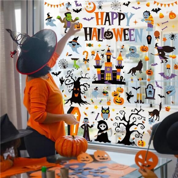 115PCS Halloween Window Clings, 9 Sheets Halloween Decorations, Cute Witch Tree - Picture 5 of 8